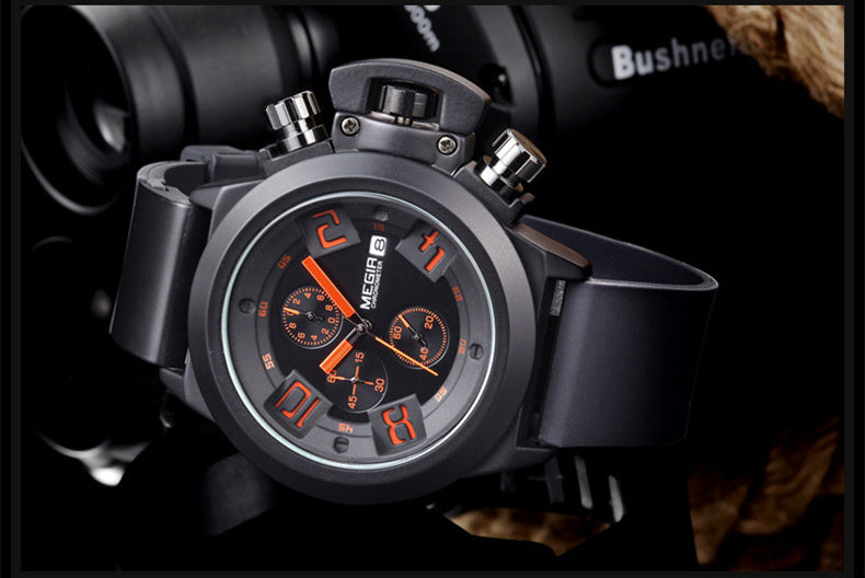 Megir Multifunctional Sports Silicone Band 3D Engraved Dial Quartz Watch For Men MG2002