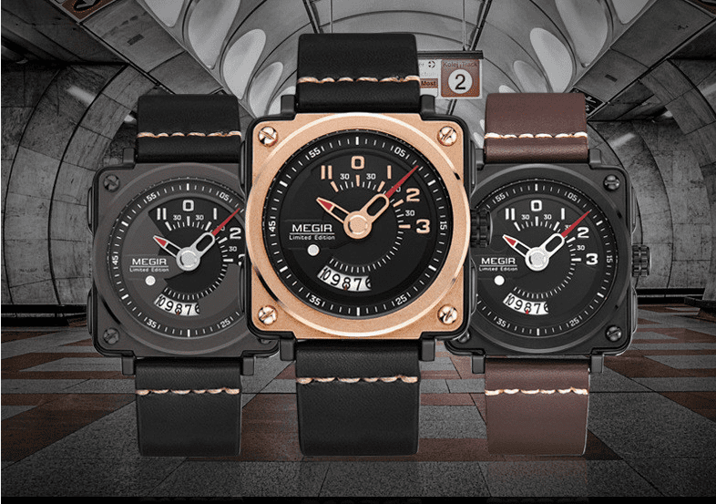 Megir Square Big Dial Watch Calendar Quartz Watch For Men 2040