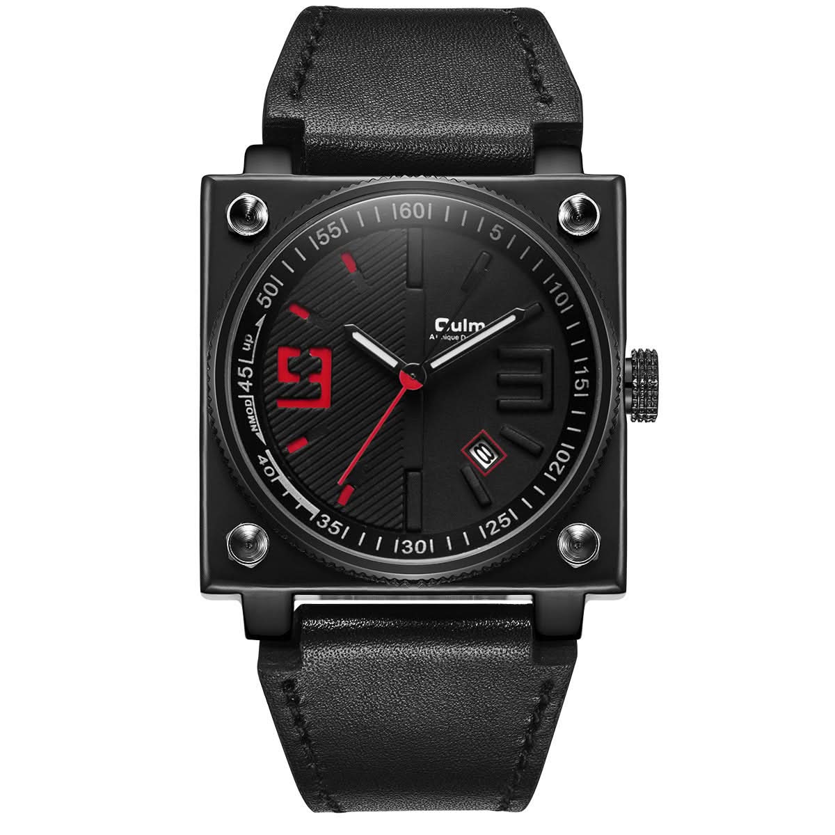 Men’s Square Leather Quartz Watch – Week & Date Display