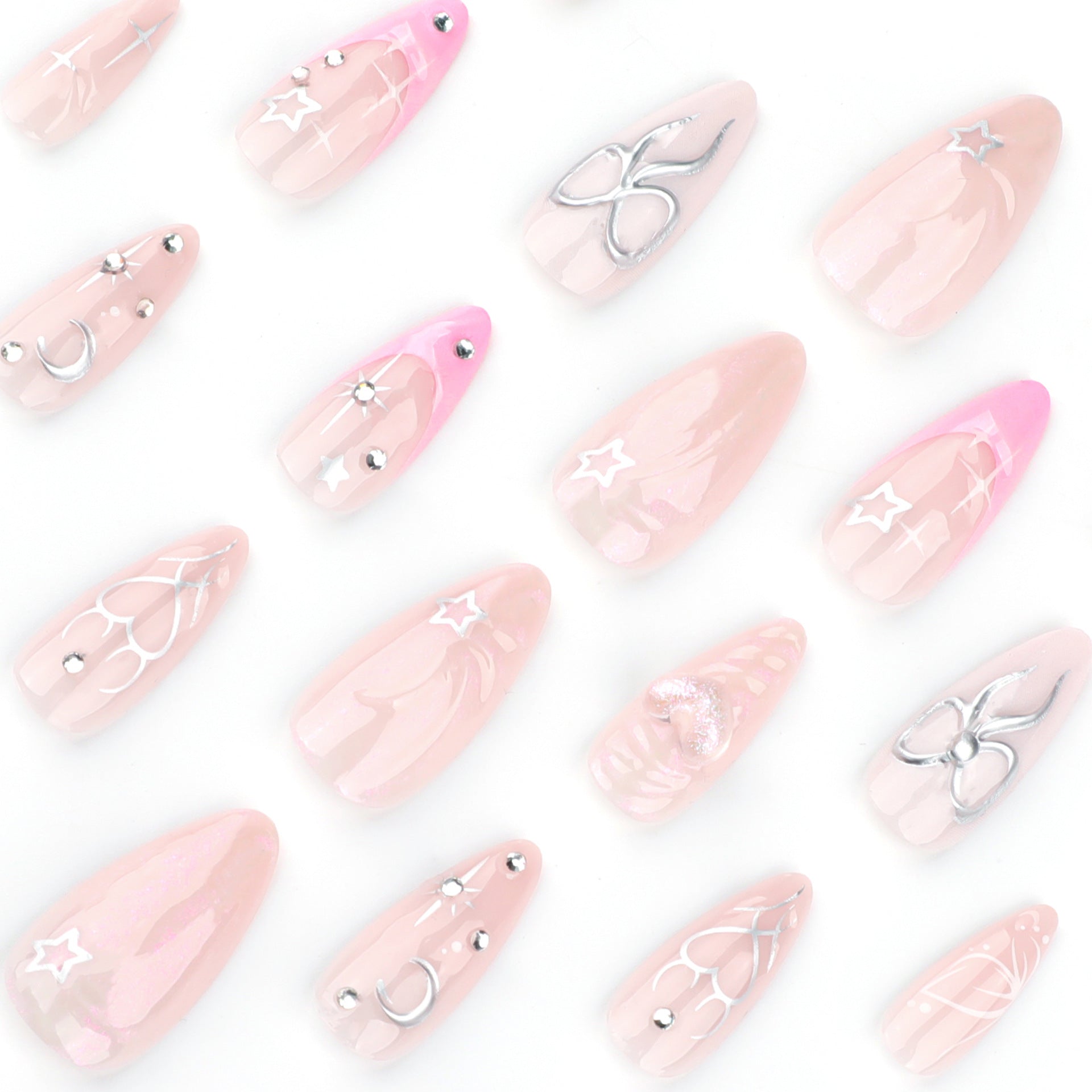3D Charm Press-On Nails – Pink Almond Glue-On Tips with Celestial Accents