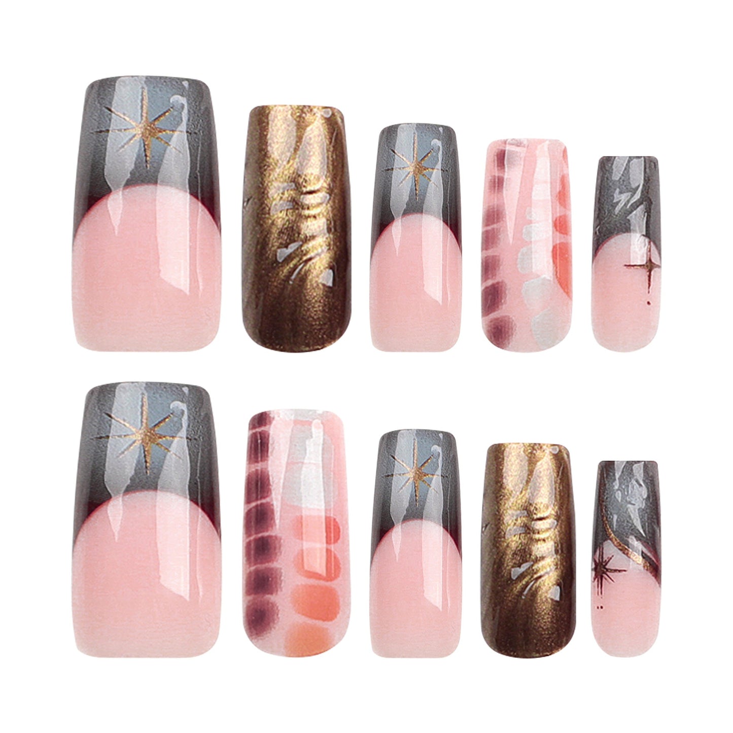 Chrome Starburst Gradient Press-On Nails – Long Coffin Shape, Metallic Swirl Design