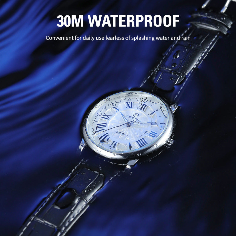 Men’s Automatic Mechanical Watch – 44mm Calendar Dial, Waterproof Leather Strap