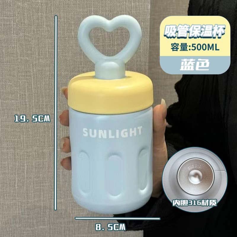 500ml Stainless Steel Thermos Cup – Insulated Coffee Tumbler with Handle & Straw