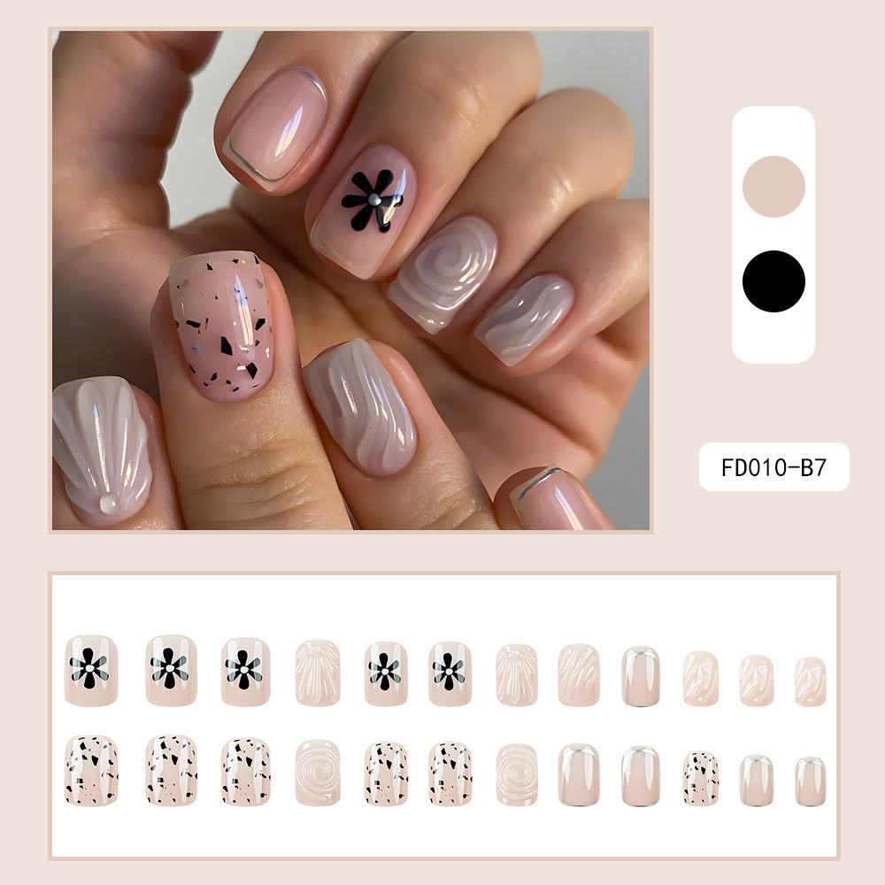 3D Floral Square Press-On Nails – Nude, Black & White Acrylic Tips with Swirl Design