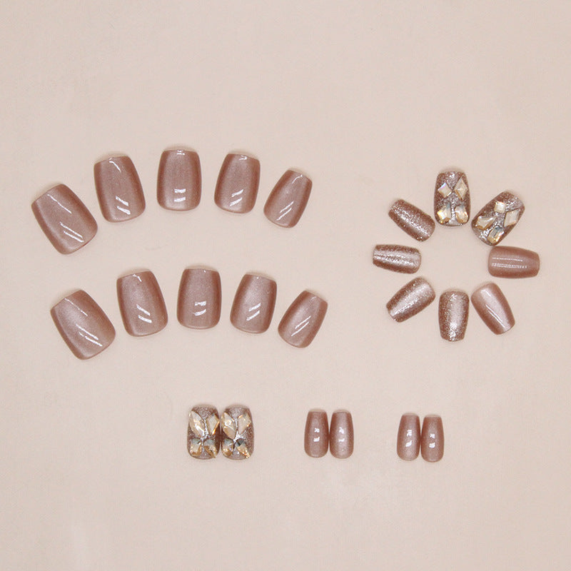 Cat Eye Rhinestone False Nails – Short Ballet Style, Glue-On & Detachable Nail Set