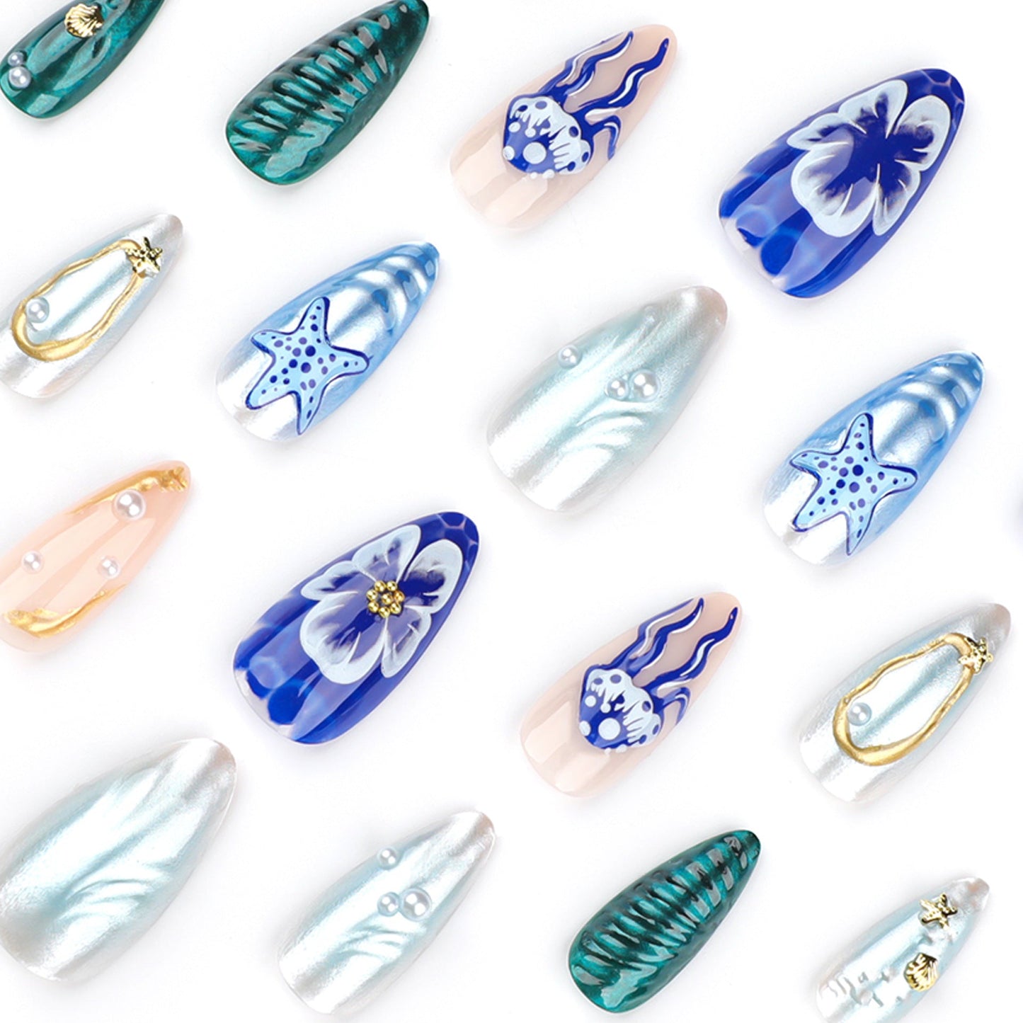 3D Ocean-Themed Press-On Nails – Sea Shell & Pearl Design Acrylic Nail Set