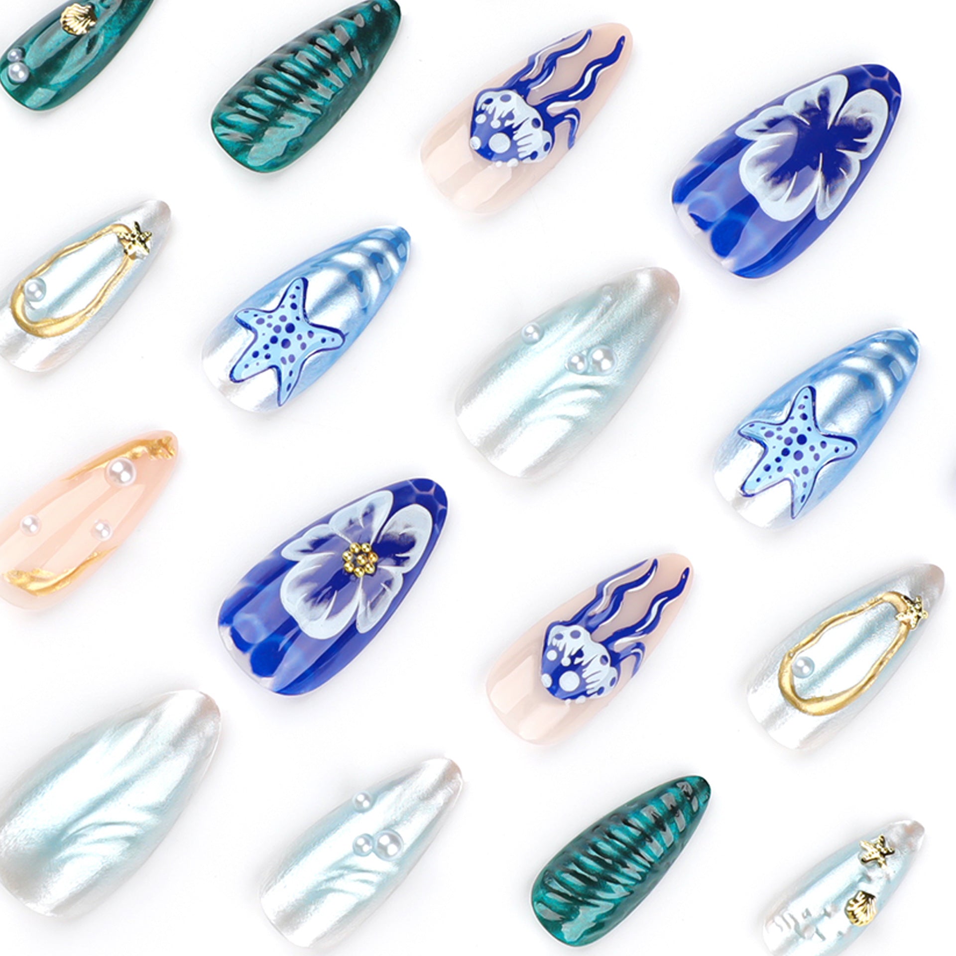 3D Ocean-Themed Press-On Nails – Sea Shell & Pearl Design Acrylic Nail Set