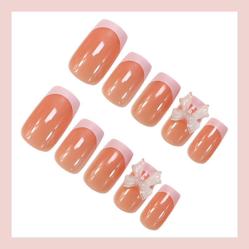 Cute French Tip Press-On Nails – Square Nude with Pink 3D Bow, Acrylic False Nails