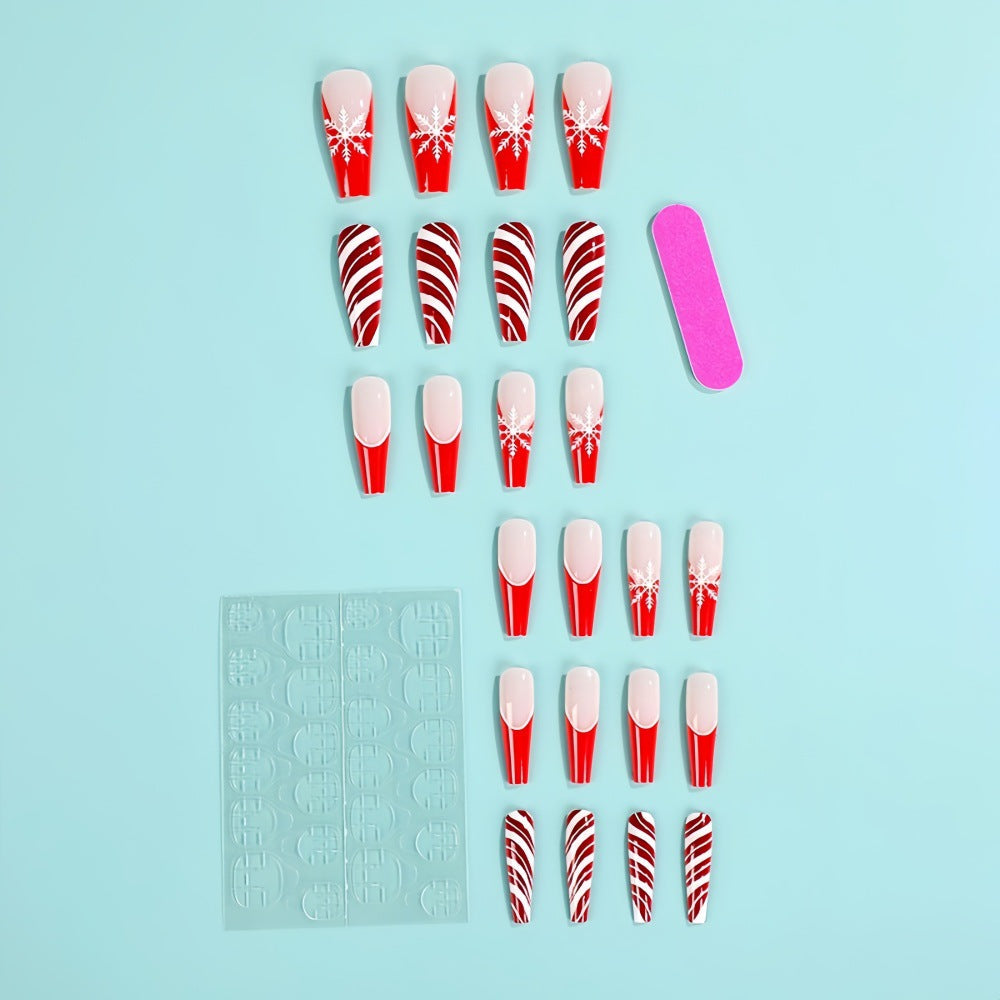 Long Coffin Snowflake Press-On Nails – Red & White Striped Acrylic Set