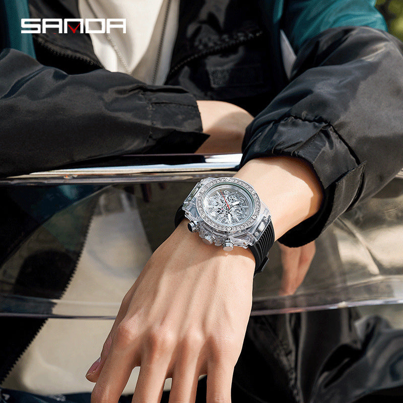 Sanda Men’s Quartz Watch – Hollow Dial, Luminous, Calendar, See-Through Window Design
