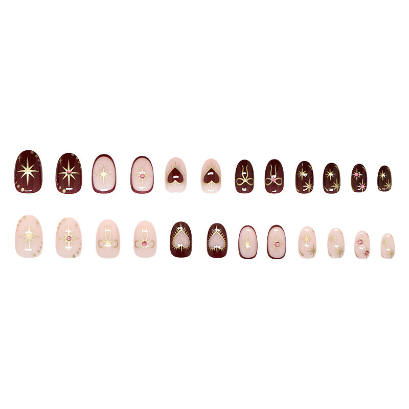 Retro Red & Peach Oval Press-On Nails – Glitter Bow Design Short Nails