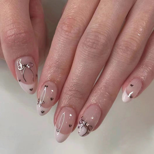 Elegant French Tip Press-On Nails – Nude White Almond with Bows & Hearts