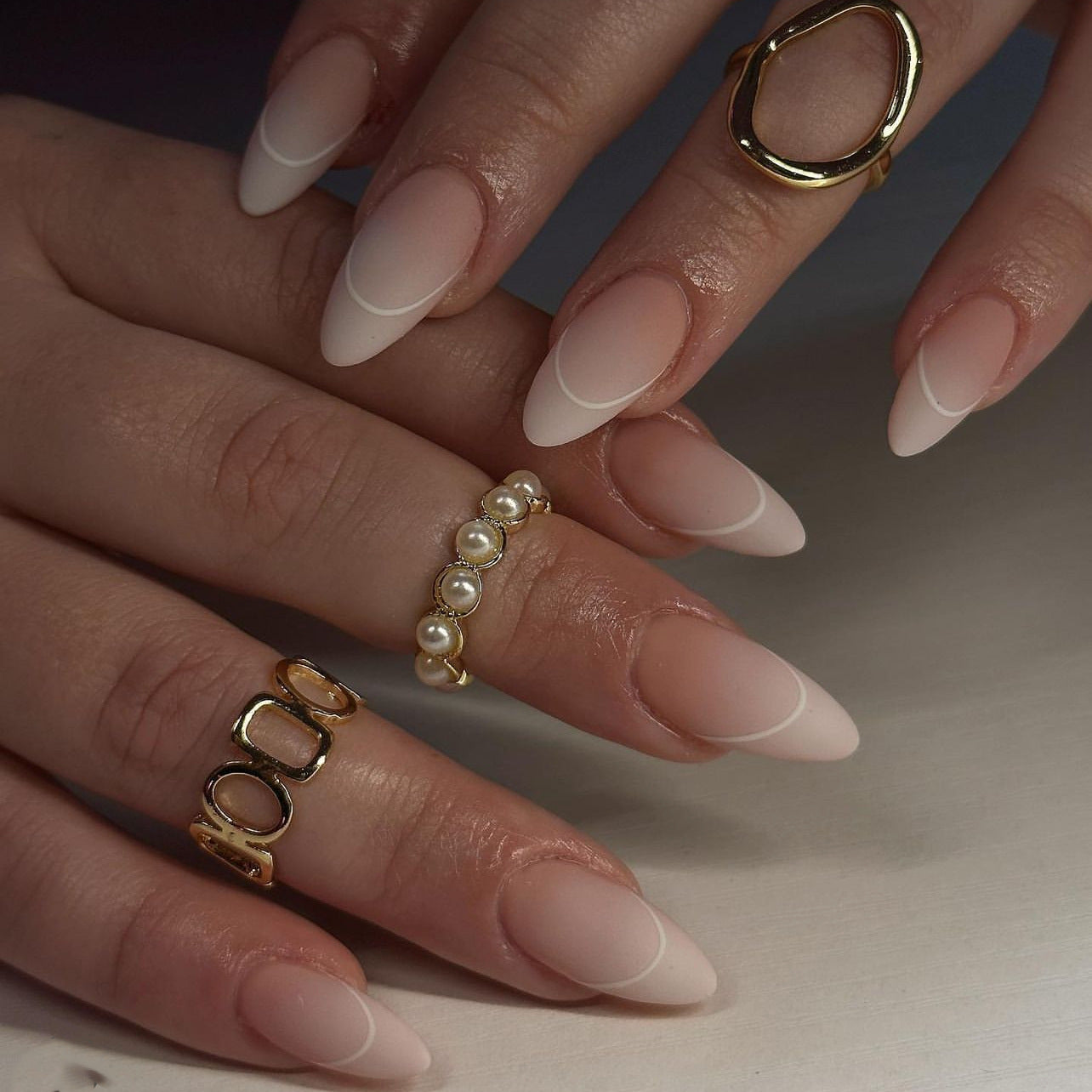 Matte French Almond Press-On Nails – Long Nude & White Minimalist