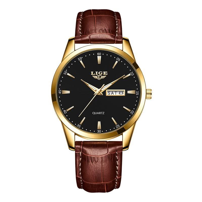 Men’s Business Quartz Watch with Dual Calendar & Luminous Hands – Leather Strap