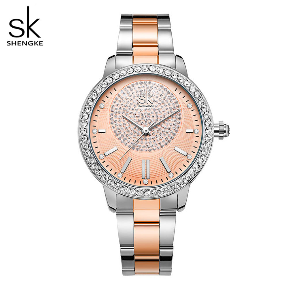 SK Luxury Women’s Quartz Watch – Diamond Accent Steel Strap Waterproof Wristwatch