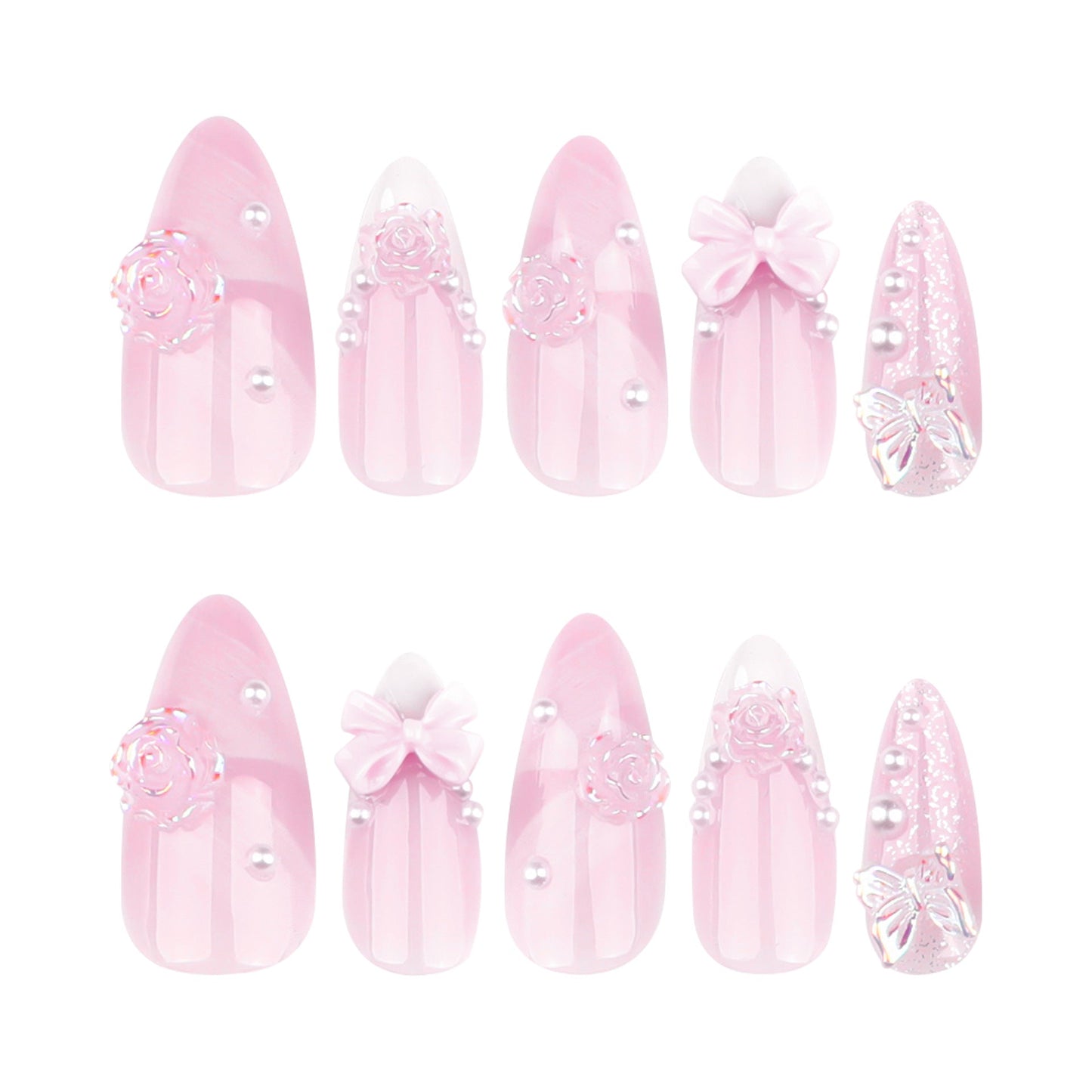 Romantic French Almond Press-On Nails with 3D Bows & Floral Art – Elegant Acrylic Set