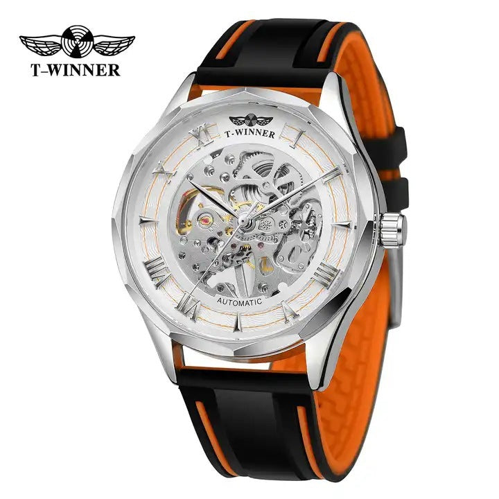 T-Winner Men’s Fashion Round Skeleton Manual Mechanical Watch – Silicone Strap