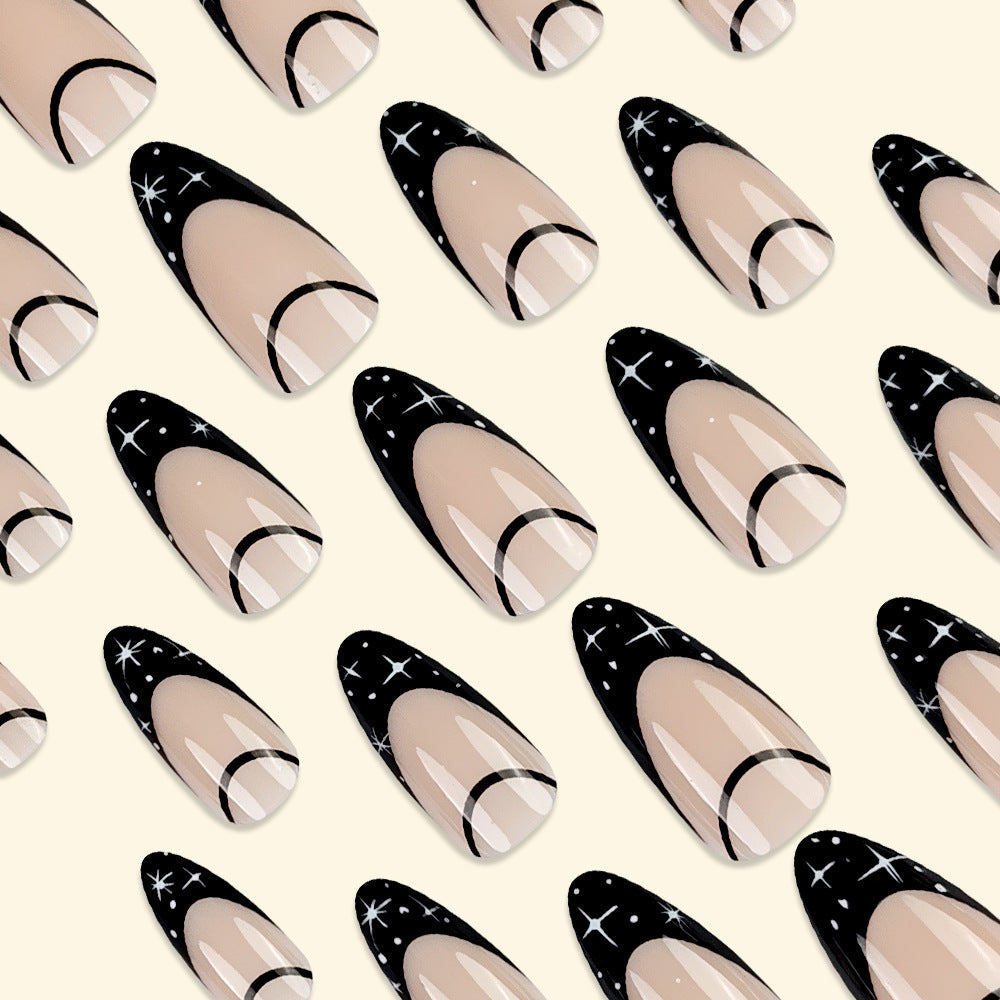 Black French Star Press-On Nails – Long Stiletto Gel Tips with Half-Moon Design