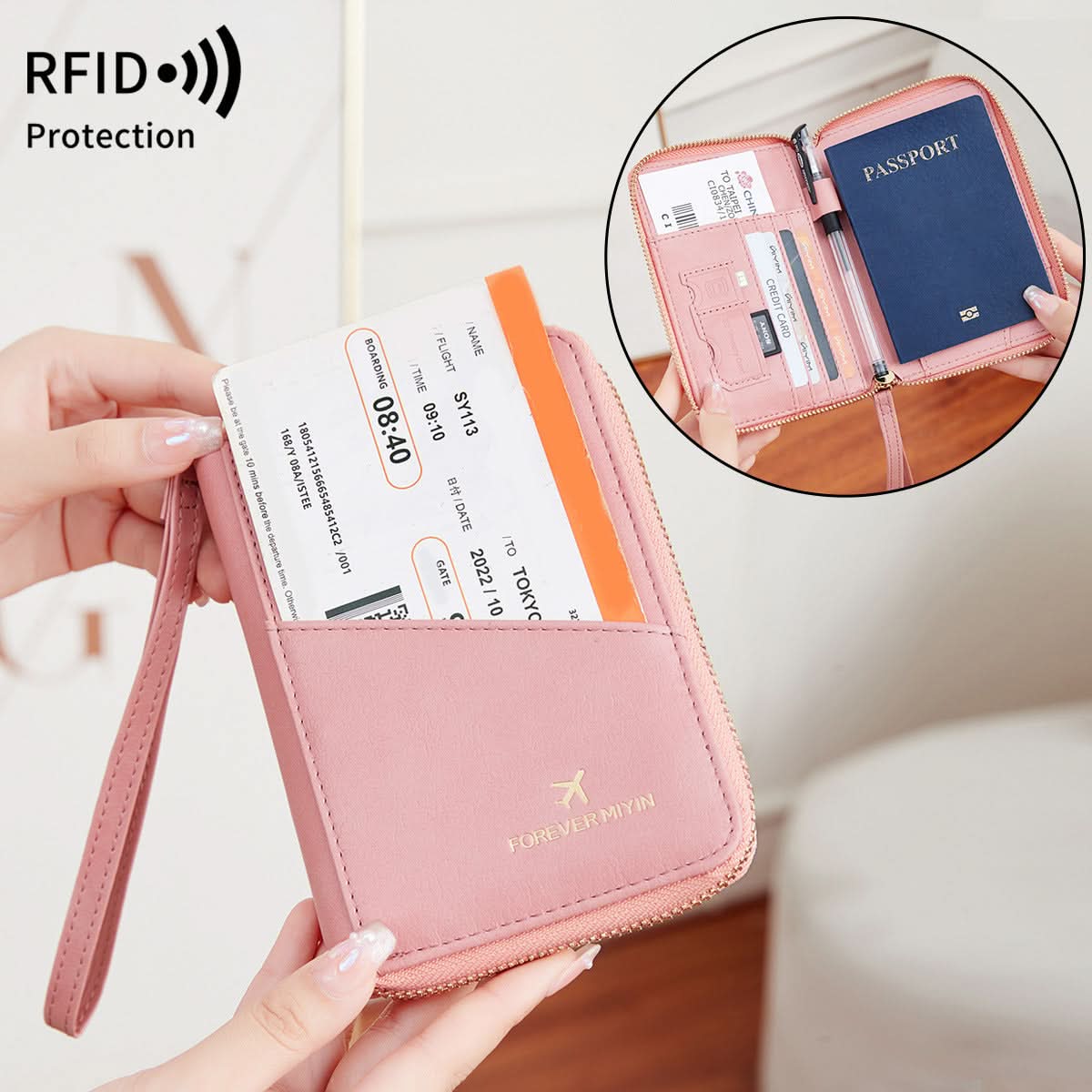 RFID Blocking Travel Passport Holder – Compact Zippered Wallet