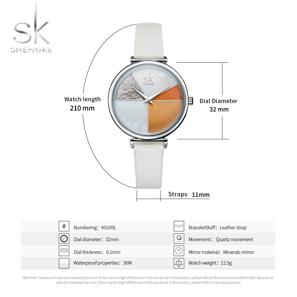 SK Women’s Quartz Watch – Glitter Shell Dial with Leather Strap, Waterproof Wristwatch