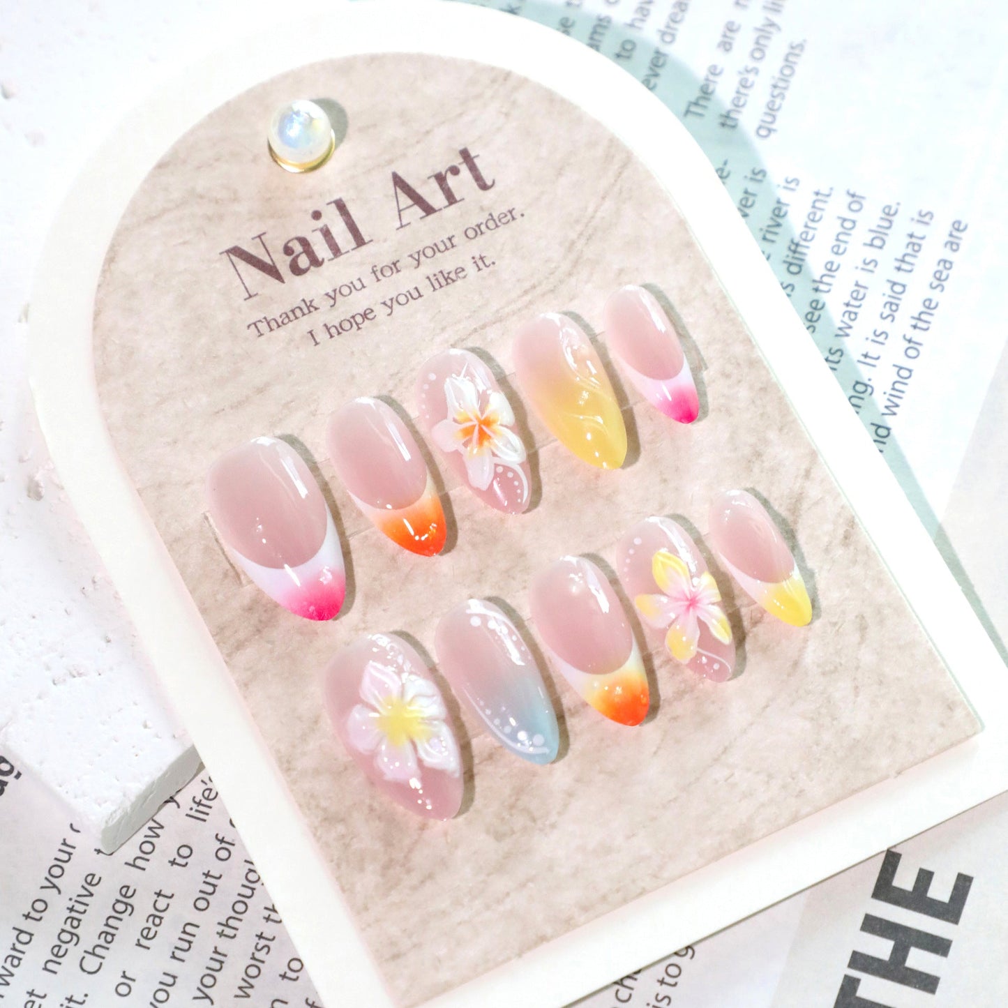 Tropical Floral 3D Press-On Nails – Oval Ombre Acrylic with Flowers & Swirl Design