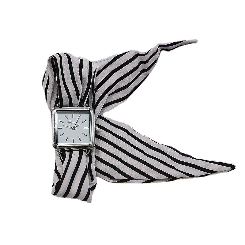Women’s Square Quartz Watch with Striped Cloth Strap - World Time, Minimalist Fashion