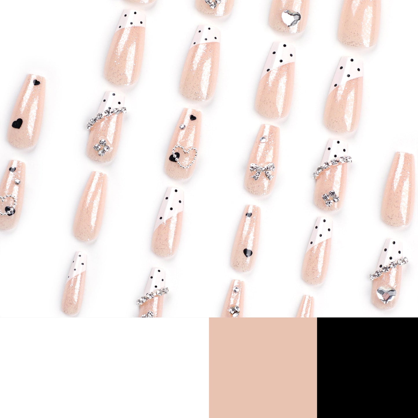 Long Coffin Press-On Nails with Rhinestone Hearts & Polka Dots – Wearable Nail Art