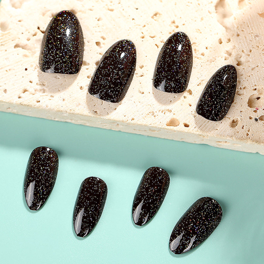 Black Glitter Press-On Nails – Medium Almond Shape, Reusable Acrylic Nail Set
