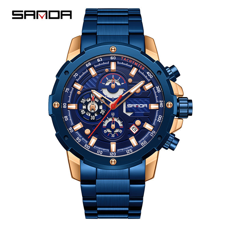Sanda Men’s Stainless Steel Quartz Watch – Multi-Function Chronograph, Waterproof Watch