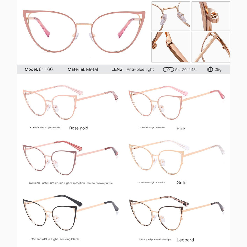 Women’s Cat Eye Blue Light Glasses – Metal Fashion Frame for Myopia or Daily Wear