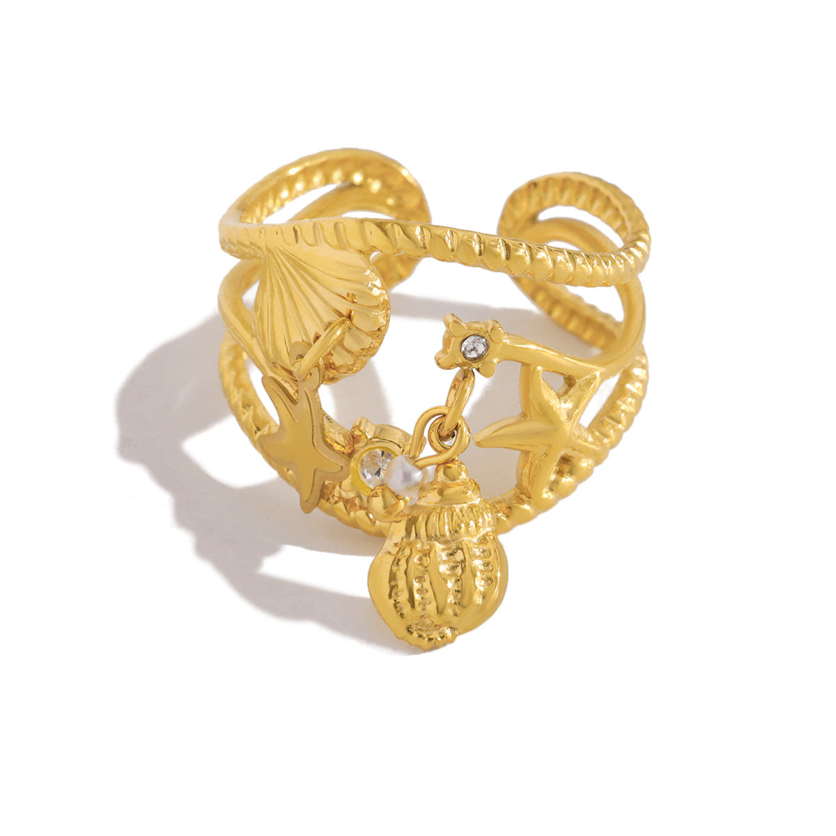 Ocean Starfish Shell Ring – Gold Titanium Steel Open Adjustable Beach Jewelry