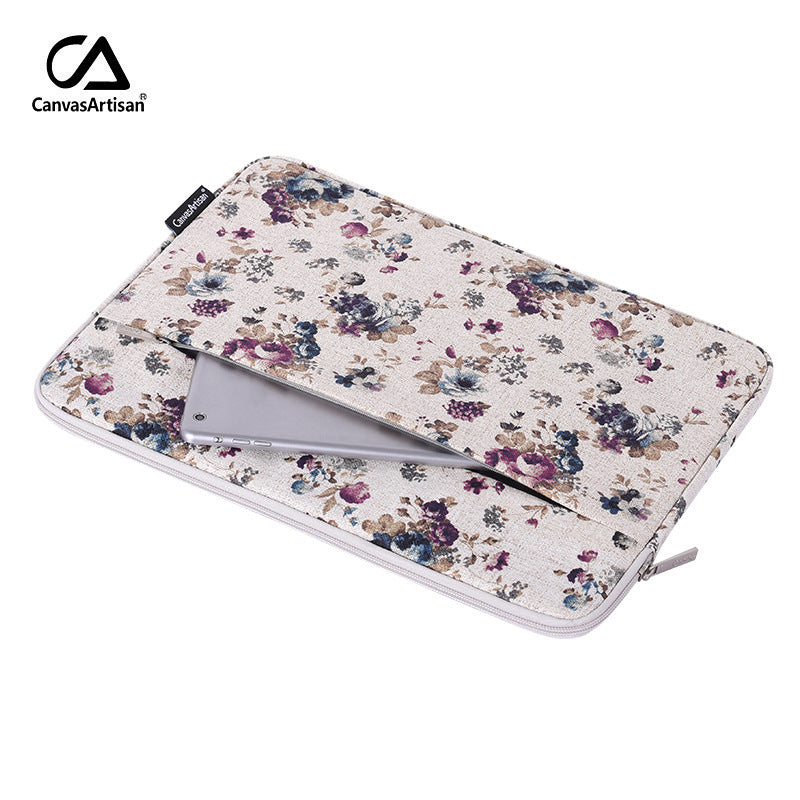 Beige Floral Linen Laptop Sleeve – Waterproof, Shock-Resistant Protective Case