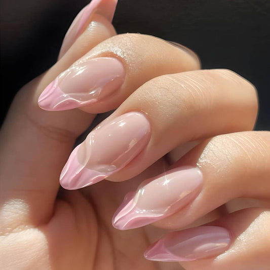 Pink French Almond Press-On Nails – Glossy 3D Water Ripple Design Glue-On Acrylic