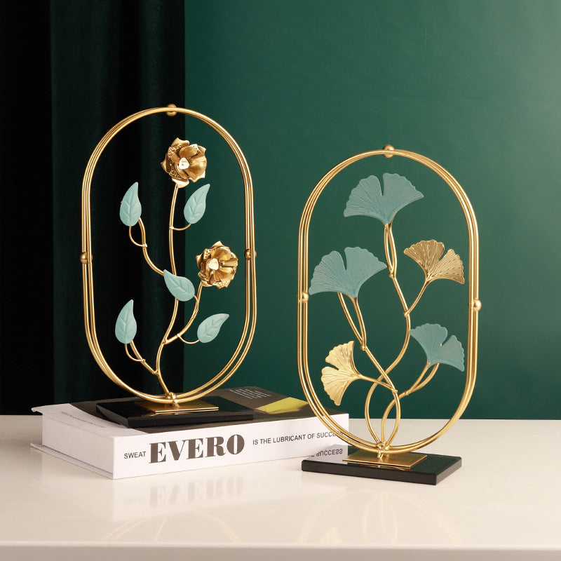 Modern Ginkgo Leaf Metal Art Decor – European Oval Crystal Base Sculpture