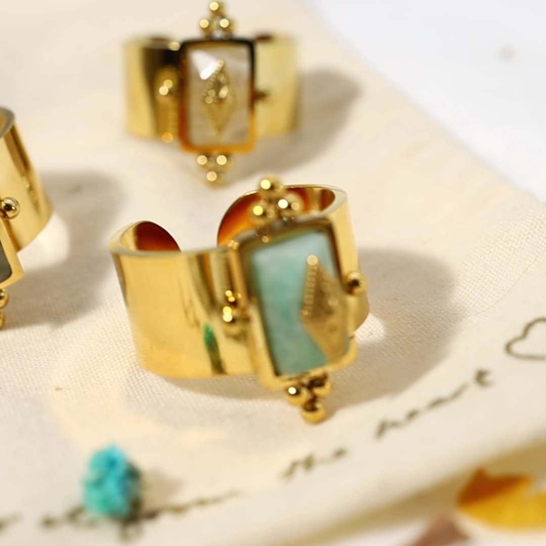 Gold Geometric Stone Ring for Women – Adjustable Retro Titanium Steel Jewelry