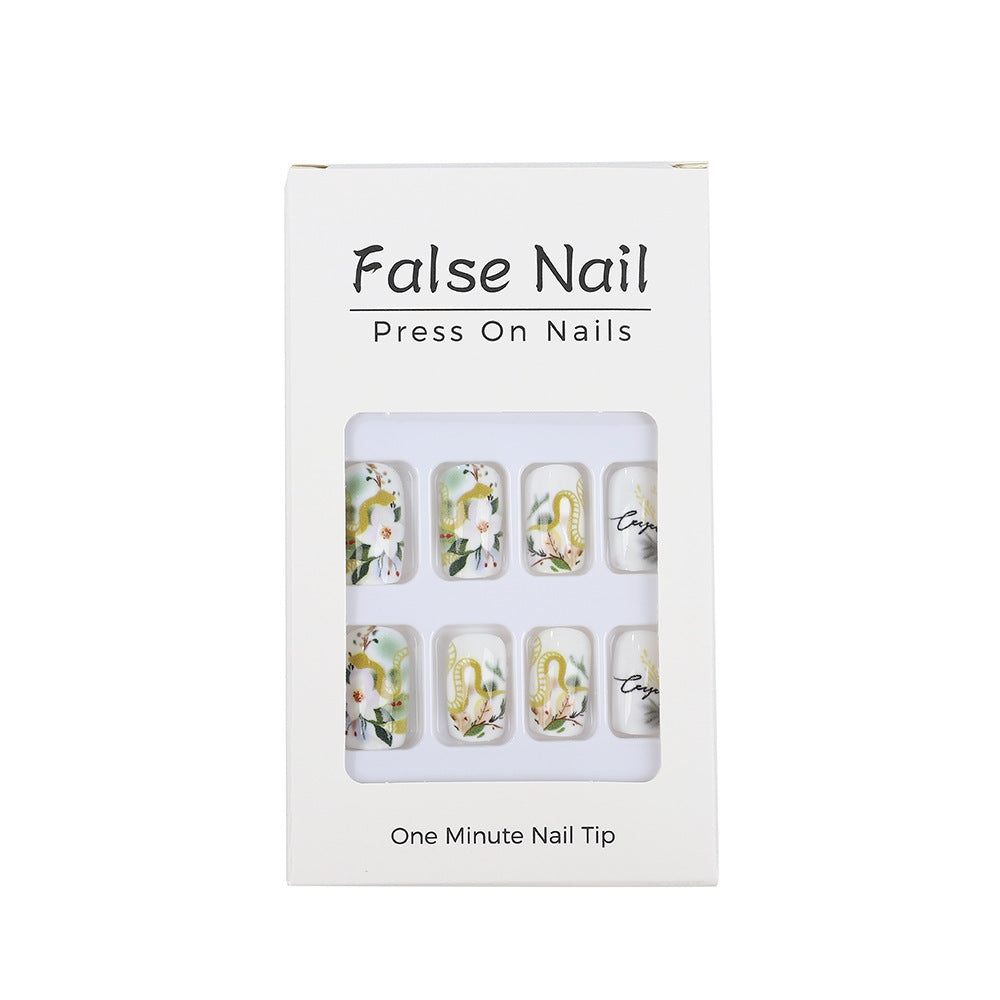 Luxury Square Press-On Nails – White & Gold with Floral Artistic Design Nails
