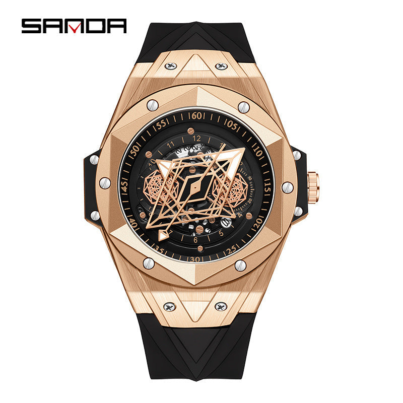 SANDA Luminous Men’s Quartz Watch – Fashion Hollow Dial Silicone Strap Watch