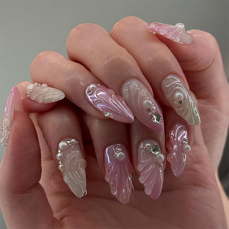 3D Gradient Pink Press-On Nails – Coffin Glossy Shell Design with Rhinestones