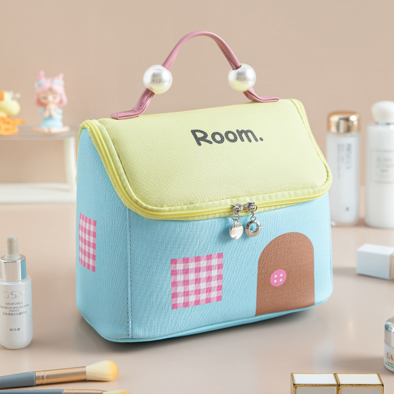 Cute House Cosmetic Bag – Large Capacity Travel Makeup Organizer with Wide Opening