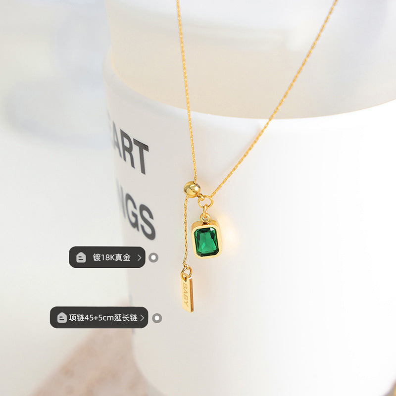 Green Emerald Drop Pendant Necklace – Titanium Steel Minimal Chic Jewelry