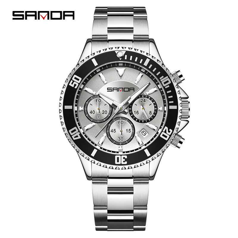 SANDA Men’s Classic Dial Quartz Watch – Luminous Waterproof Stainless Steel Wristwatch