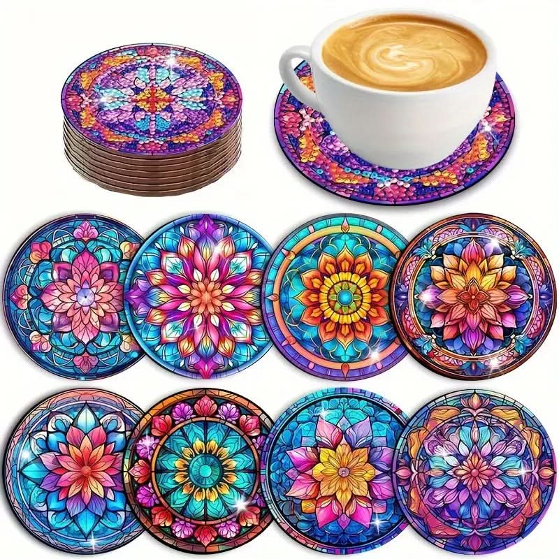 8-Piece DIY Diamond Painting Coasters - Mandala Blue & White Porcelain Design