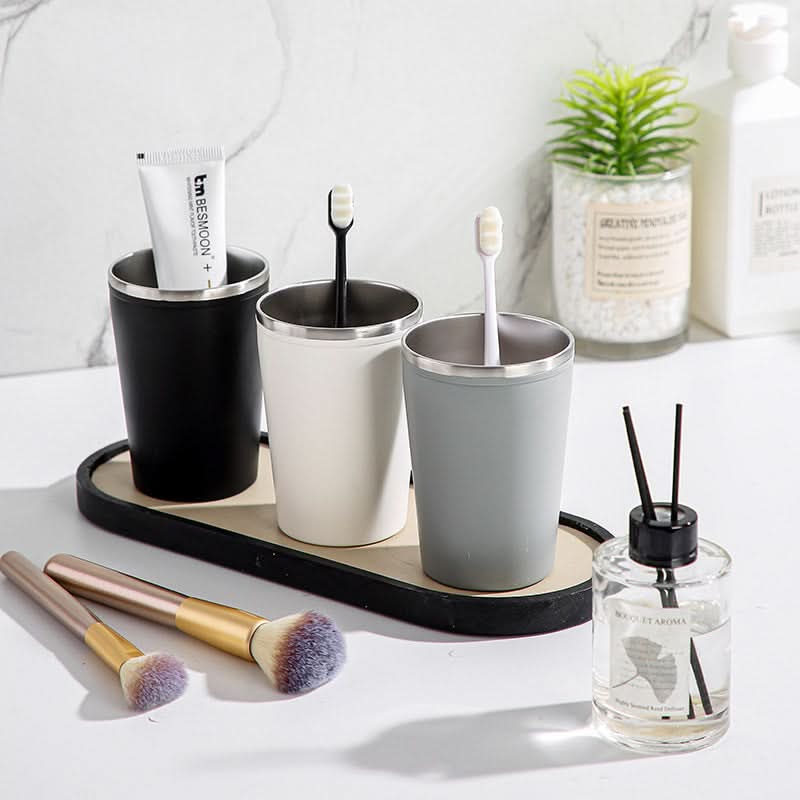 Stainless Steel Double-Layer Insulated Mouthwash & Toothbrush Cup – 400ml