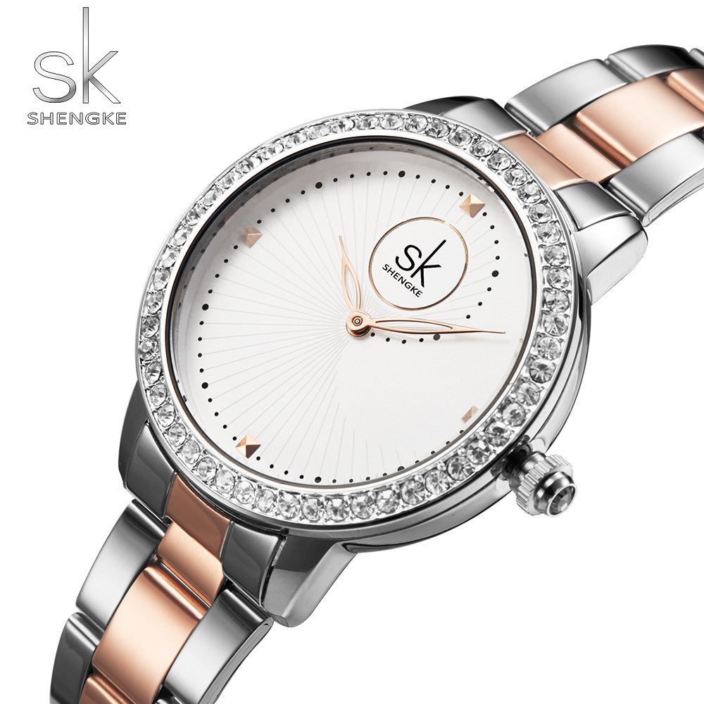 SK Women’s Quartz Watch – Diamond Frame Business Wristwatch with Stainless Steel Band