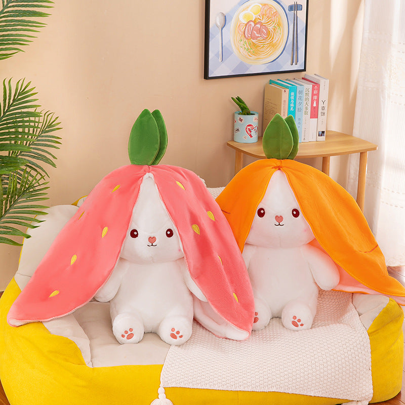 Transforming Strawberry & Carrot Rabbit Plush Toy – Soft Bunny Pillow Doll