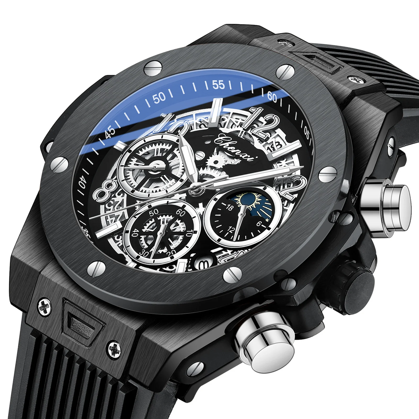 Men's Moon Phase Display Sports Watch - Barrel-Shaped