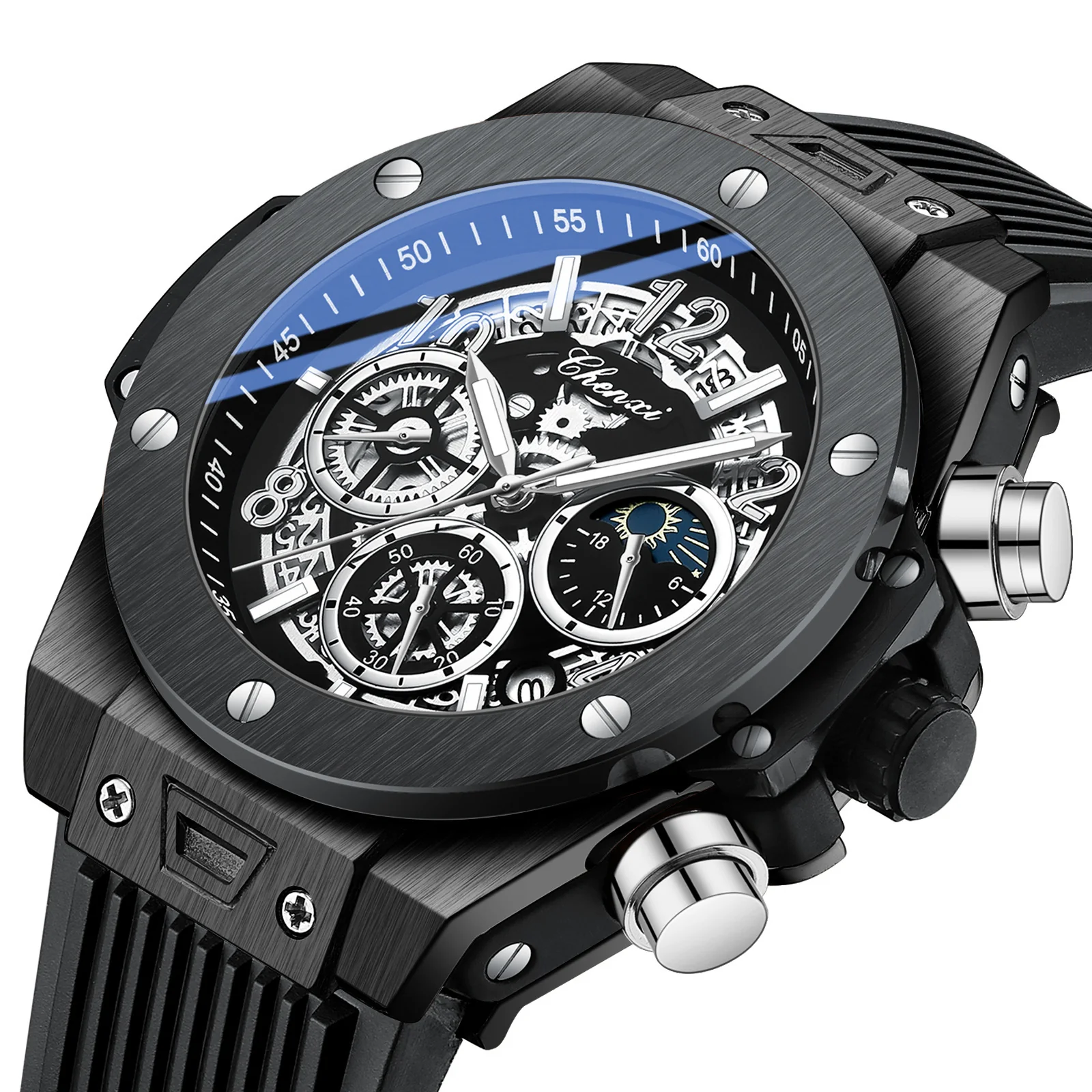 Men's Moon Phase Display Sports Watch - Barrel-Shaped