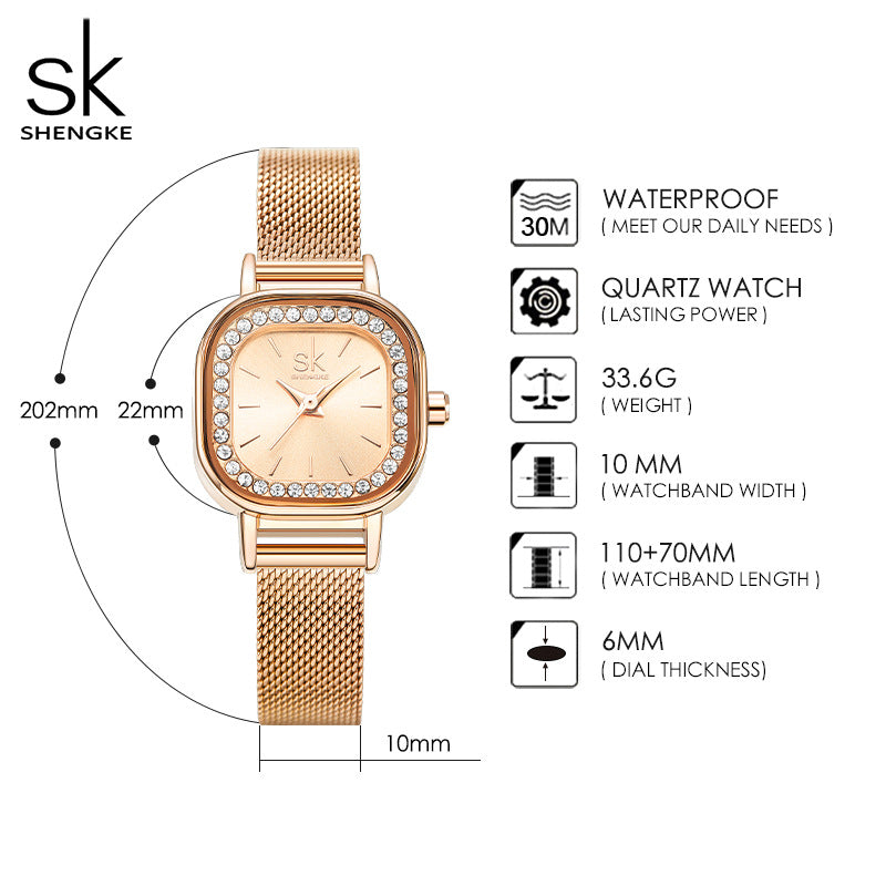 SK Women’s Diamond Quartz Watch – Square Dial, Waterproof Mesh Strap Timepiece