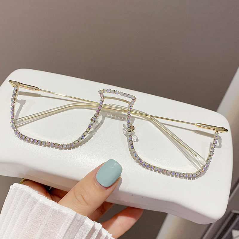 Women’s Rhinestone Decorative Glasses – Half-Frame Trendy Street Style Eyewear