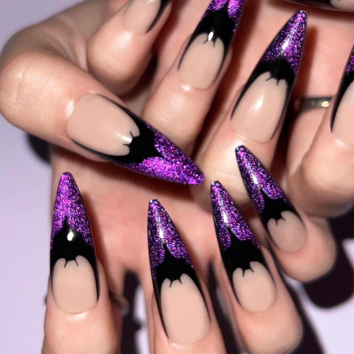 Bat Tip Halloween Press-On Nails – Extra Long Stiletto Purple Glitter False Nails